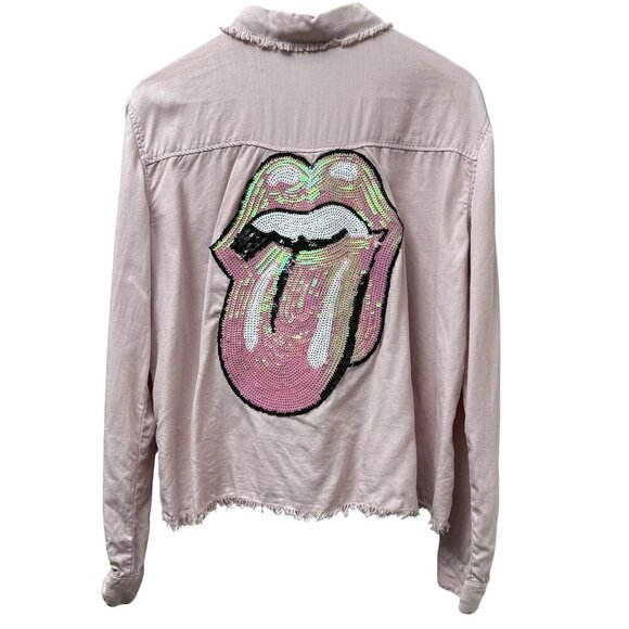 Sojara Shirt Rolling Stones Pink Sequin Tongue M/L Long Sleeve Rocker Top - Picture 7 of 12
